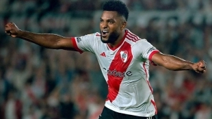 <p>Miguel Borja celebrates a goal scored with River Plate</p>