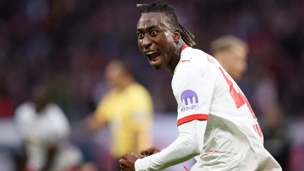 Yan Diomande celebrates a goal scored with RB Leipzig