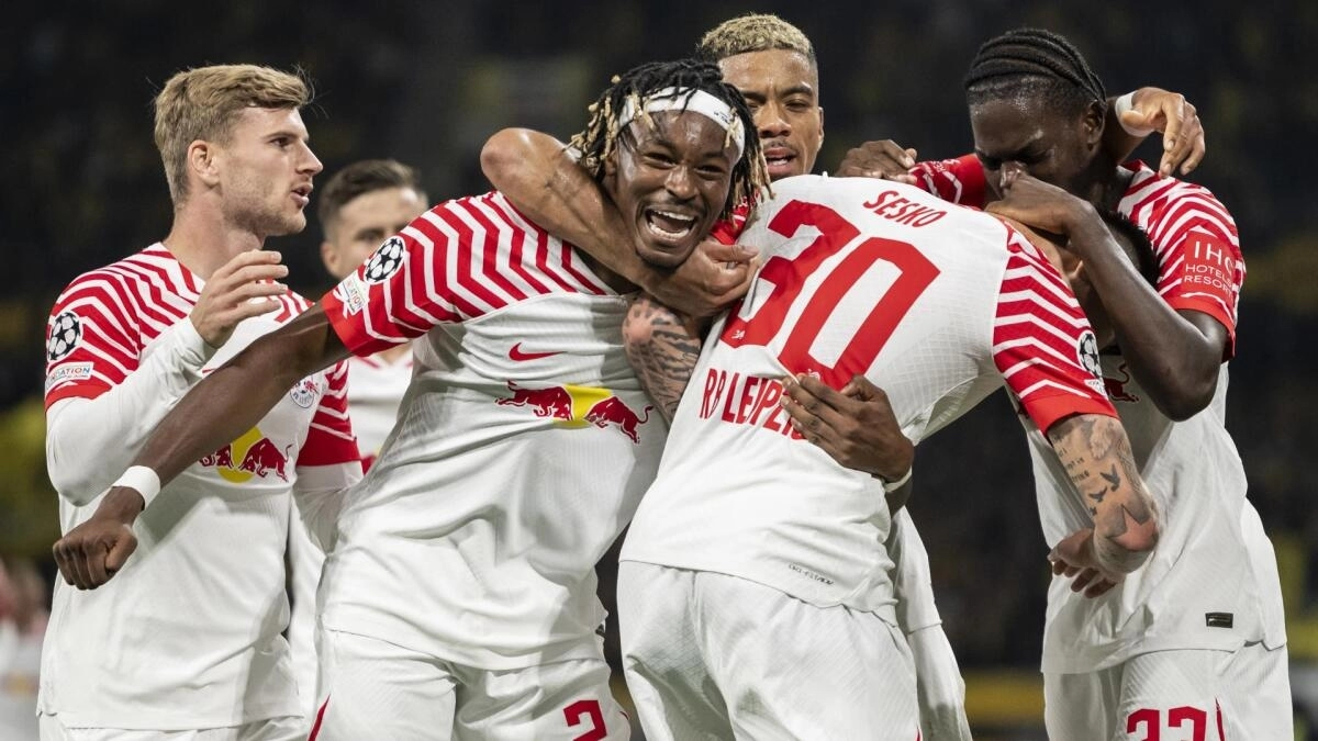 The RB Leipzig players celebrate a goal