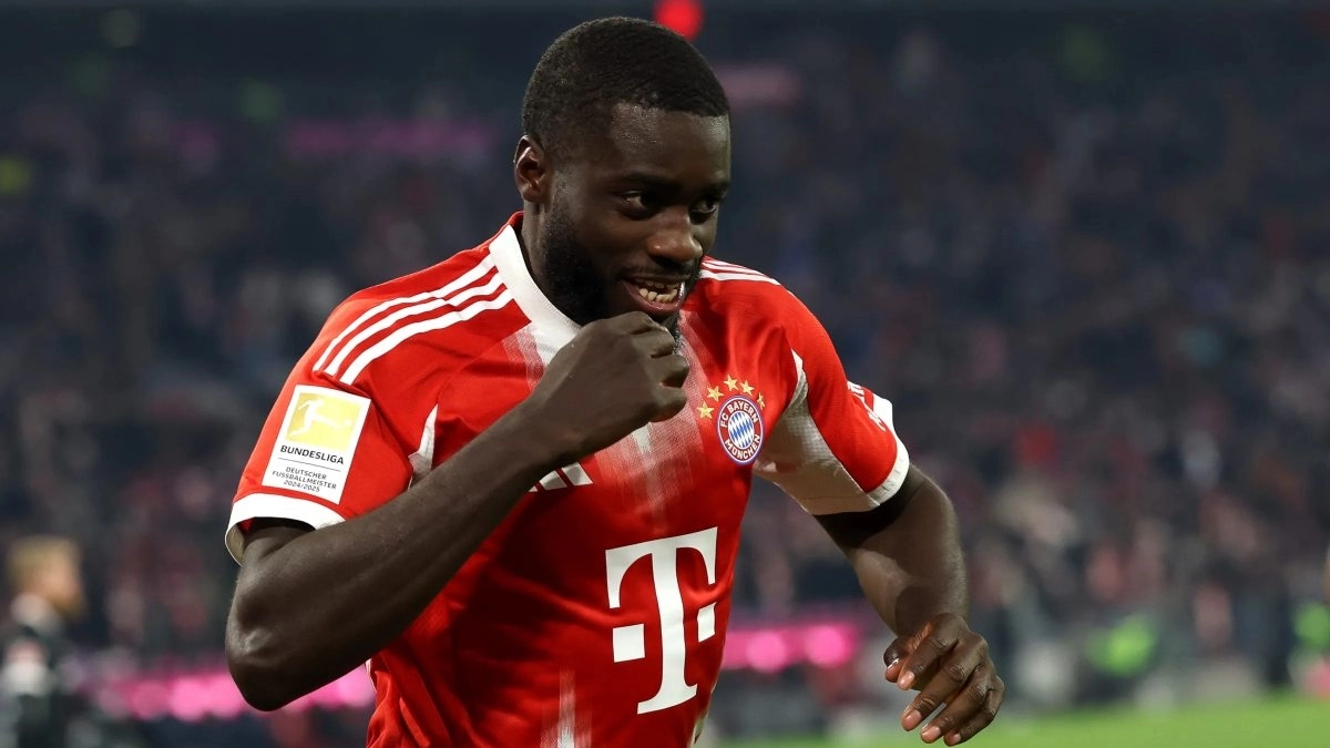 Dayot Upamecano celebrates a goal with Bayern Munich
