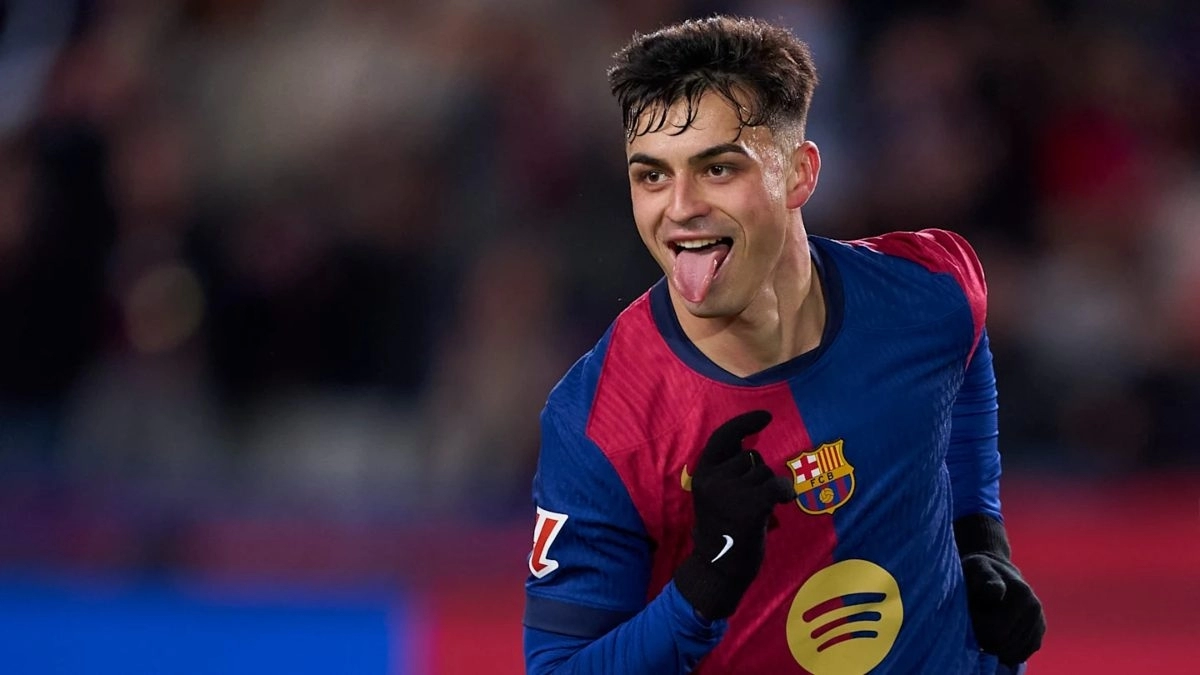 Pedri celebrates a goal scored with Barcelona.