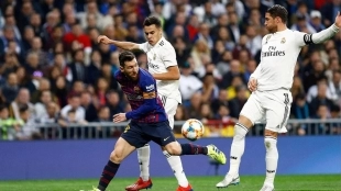 Sergio Reguilón, Sergio Ramos, and Leo Messi during a Real Madrid - FC Barcelona