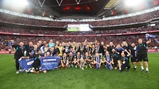 <p>The Southampton players celebrate promotion to the Premier League</p>