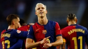 Dani Olmo celebra un gol con el Barcelona