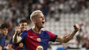 Dani Olmo celebra un gol con el Barcelona