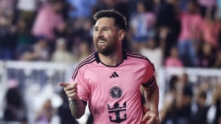 Leo Messi celebrates a goal with Inter Miami.