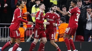The Liverpool players celebrate a goal